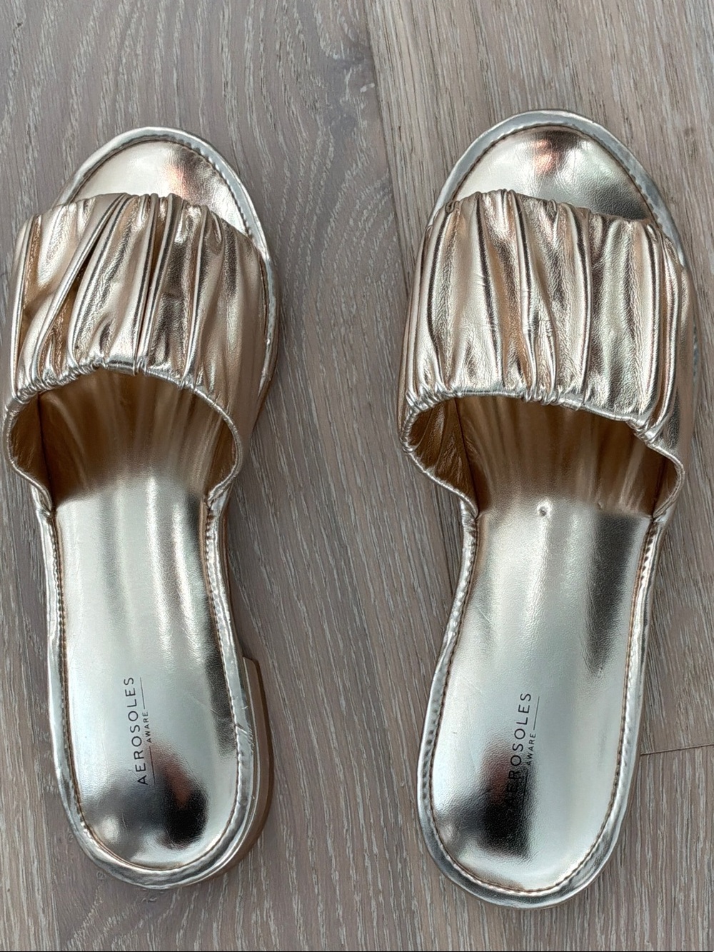 AEROSOLES Metallic Gold Ruched Slide Sandals